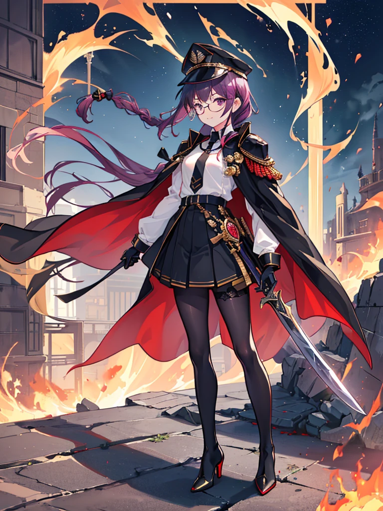 realisitic, City Deserted, Pile of rubble, Brick building, a one woman (18 years old, far away blackw hair, far away slits, Eyes red, glare eyes, 精致的面容, standing (In floor, feet shoulder-width apart), Lolita style military uniform (blackw base, Red Insert, golden decoration, volantes, wide sleeves, dainty and delicate detailing armors), blackw far away gloves (blackw, Red Insert, golden decoration, small hands, armors), blackw far away gloves, knee high boots (blackw, high-heels, red soles), ha (blackw, aba dourada, shield emblem, delicate details), arms in front, Front of belly, Holding military swords with both hands (blackw, golden decoration, delicate detail, Handle at the top, Ground-facing blade, in front of the body, far away), night sky (blackw, stele, Increased flames and smoke), Pale painting style, One Girl, super high quality, Super Detail, Super Detailed image, long hair, looking at viewer, skirt, shirt, hair ornament, violet eyes, gloves, round glasses, long sleeves, hat, closed mouth, jacket, violet hair, braid, open clothes, necktie, black gloves, black skirt, uniform, single braid, open jacket, black jacket, black headwear, 手链, peaked cap, black necktie, cropped jacket, military hat, pantyhose, Flat Chest, smile, Black Cape