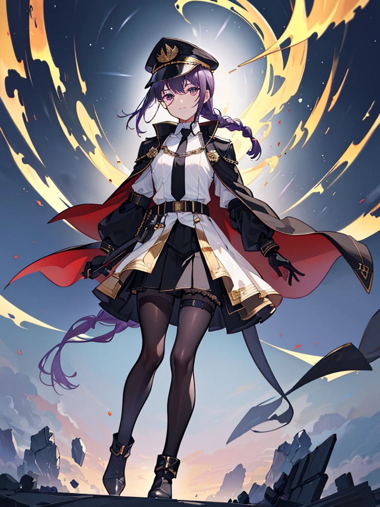 realisitic, City Deserted, Pile of rubble, Brick building, a one woman (18 years old, far away blackw hair, far away slits, Eyes red, glare eyes, 精致的面容, standing (In floor, feet shoulder-width apart), ta style military uniform (blackw base, Red Insert, golden decoration, volantes, wide sleeves, dainty and delicate detailing armors), blackw far away gloves (blackw, Red Insert, golden decoration, small hands, armors), blackw far away gloves, knee high boots (blackw, high-heels, red soles), ha (blackw, aba dourada, shield emblem, delicate details), arms in front, Front of belly, Holding military swords with both hands (blackw, golden decoration, delicate detail, Handle at the top, Ground-facing blade, in front of the body, far away), night sky (blackw, stele, Increased flames and smoke), Pale painting style, One Girl, super high quality, Super Detail, Super Detailed image, long hair, looking at viewer, skirt, shirt, hair ornament, violet eyes, gloves, round glasses, long sleeves, hat, closed mouth, jacket, violet hair, braid, open clothes, necktie, black gloves, black skirt, uniform, single braid, open jacket, black jacket, black headwear, 手链, peaked cap, black necktie, cropped jacket, military hat, pantyhose, Flat Chest, smile, Black Cape