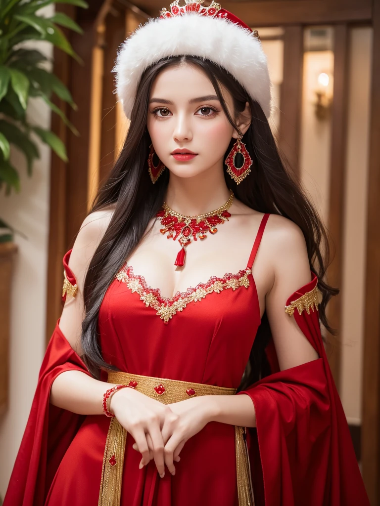 、Highest quality , sexy, Ultra-high resolution, RAW Photos, girl, indoor, White skin, Long Hair ,whole body,Black Hair、Red color clothes、Albanian national costume、Red color crown、Red color necklace、Red wrist ornament、Red color earrings、
