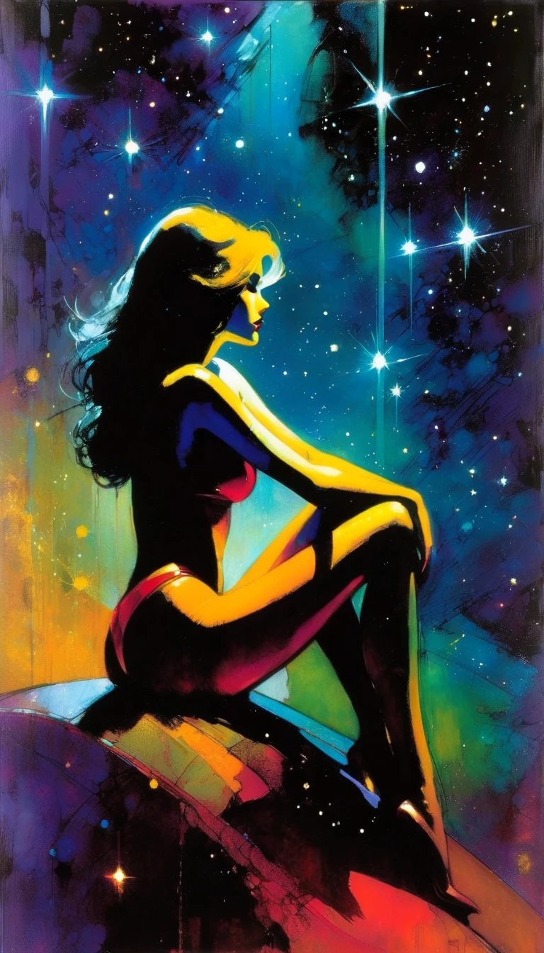 alone, sexy, night, stars, loneliness (art inspired by Bill Sienkiewicz ). oil painting)
