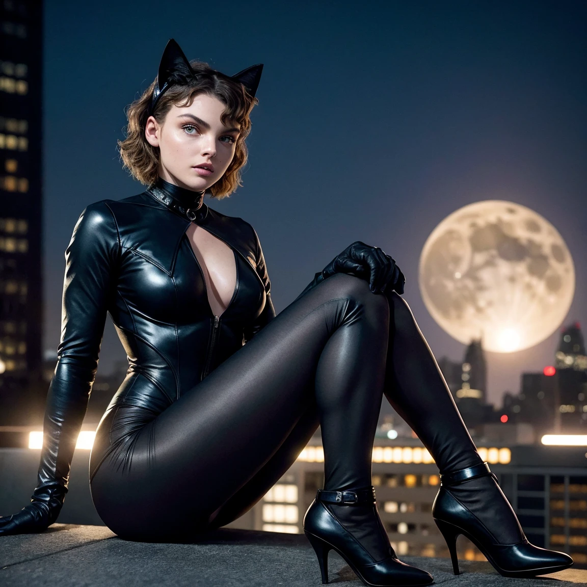 Camren bicondova, actress from the TV series Gotham, night, full moon in sky, clear sky, in catwoman costume with open face, Mask with cat ears, bouffant hairstyle, full length, is sitting, on the roof of the building, City Gothamfrom DC Comics, bare legs, legs open , seductive pose, nsfw