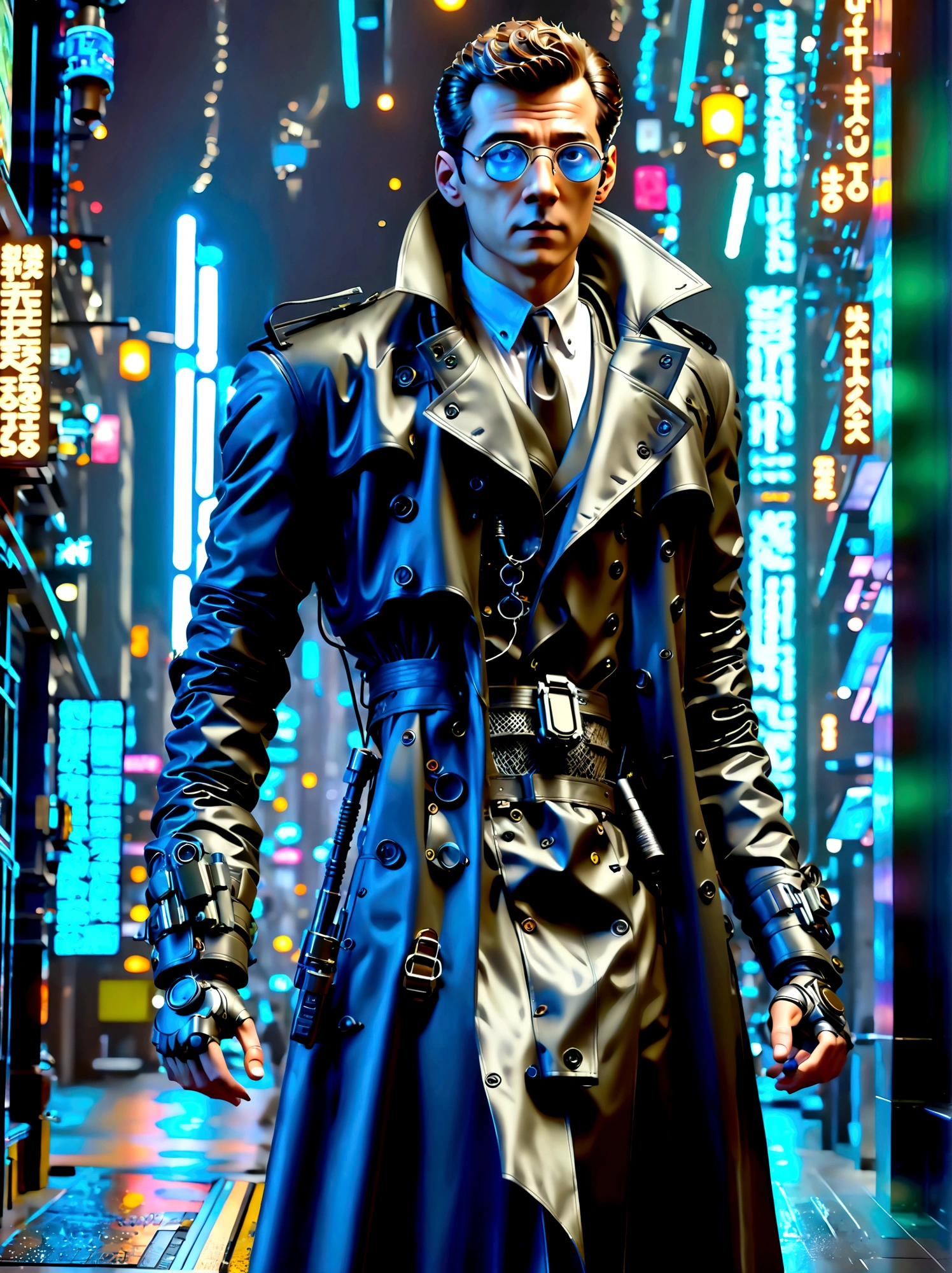 (best quality, 8k,highres,masterpiece:1.2), ultra-detailed, (realistic, photorealistic), (Detective Gadget in a sleek black trench coat:1.5), (Black trench coat:1.7), standing confidently, showcasing advanced futuristic gadgets, electric blue accents on his gadgets, mechanical arms extending from his coat, sharp and determined eyes, futuristic cityscape in background, bokeh, studio lighting, sharp focus