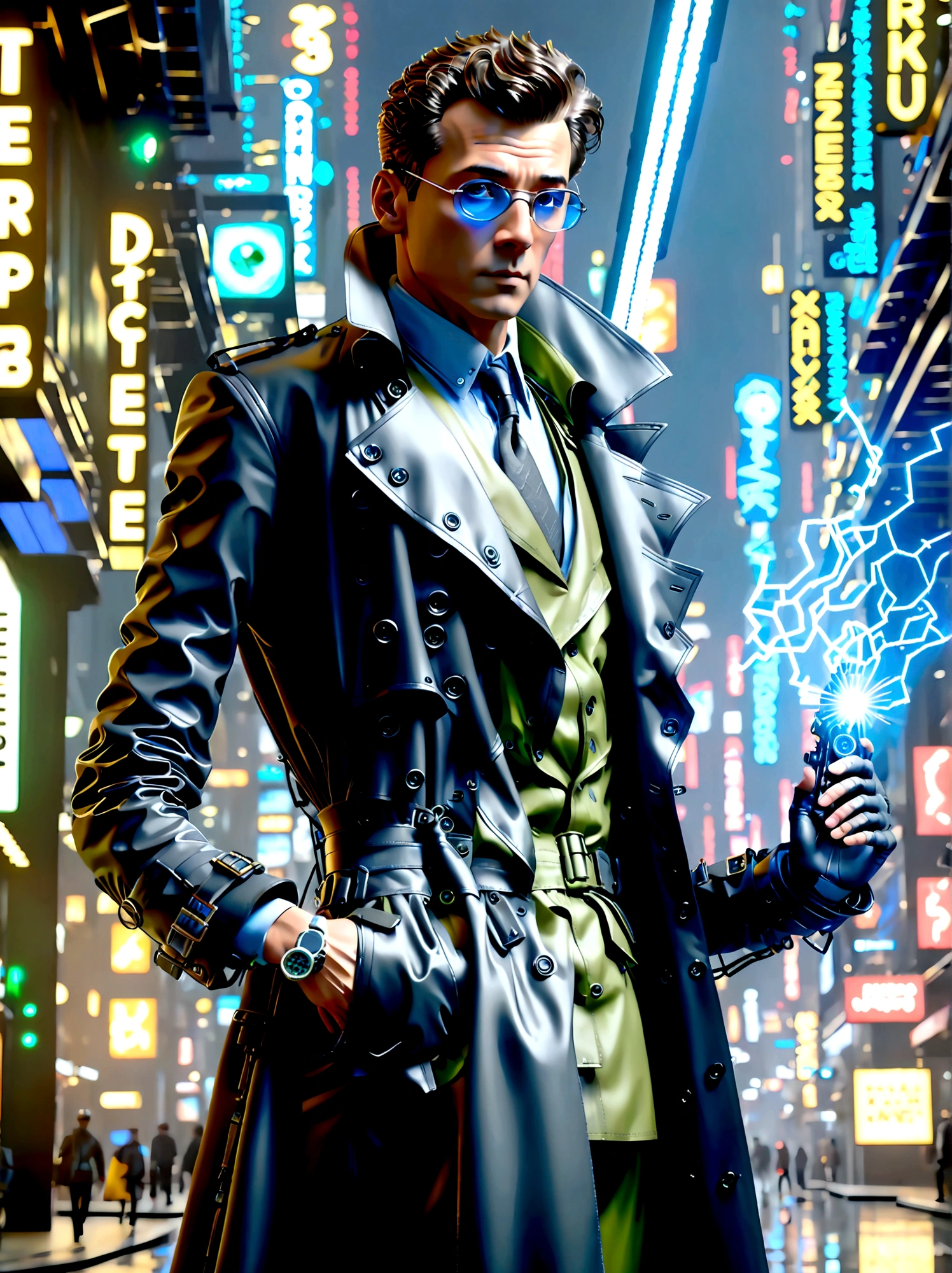 (best quality, 8k,highres,masterpiece:1.2), ultra-detailed, (realistic, photorealistic), (Detective Gadget in a sleek black trench coat:1.5), (Black trench coat:1.7), standing confidently, showcasing advanced futuristic gadgets, electric blue accents on his gadgets, mechanical arms extending from his coat, sharp and determined eyes, futuristic cityscape in background, bokeh, studio lighting, sharp focus