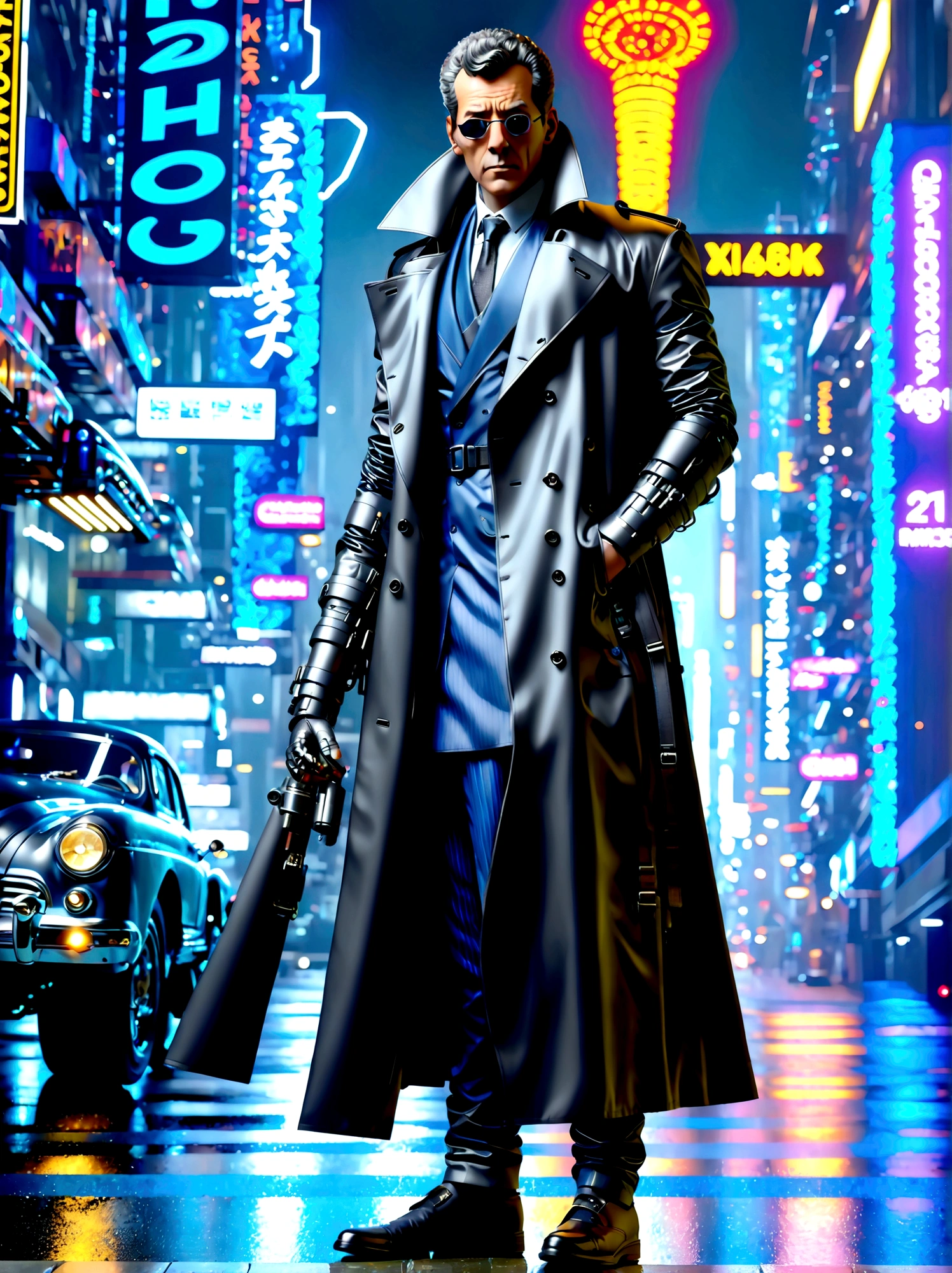 (best quality, 8k,highres,masterpiece:1.2), ultra-detailed, (realistic, photorealistic), (Detective Gadget in a sleek black trench coat:1.5), (Black trench coat:1.7), standing confidently, showcasing advanced futuristic gadgets, electric blue accents on his gadgets, mechanical arms extending from his coat, sharp and determined eyes, futuristic cityscape in background, bokeh, studio lighting, sharp focus