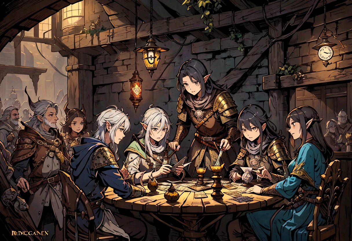 a group of people sitting around a table with a clock above them, high quality dnd illustration, roleplaying game art, lawther sit at table playing dnd, fantasy card game art, card game illustration, dungeons and dragons fantasy art, tavern background, d & d fantasy art, hyperrealistic d & d fantasy art, epic fantasty card game art, dnd card art