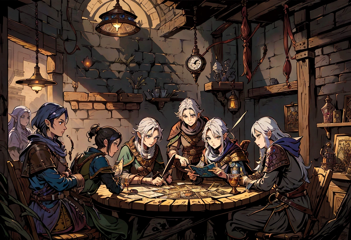 a group of people sitting around a table with a clock above them, high quality dnd illustration, roleplaying game art, lawther sit at table playing dnd, fantasy card game art, card game illustration, dungeons and dragons fantasy art, tavern background, d & d fantasy art, hyperrealistic d & d fantasy art, epic fantasty card game art, dnd card art