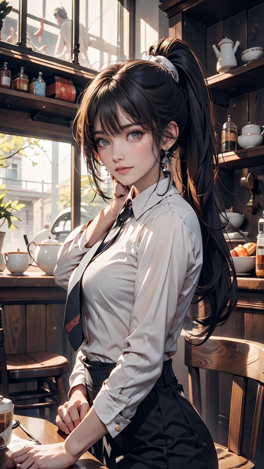 girl, Black Hair, sister, Tie your hair into a ponytail、Smile at the speaker, High-quality images, masterpiece, beautiful girl, Cafe,