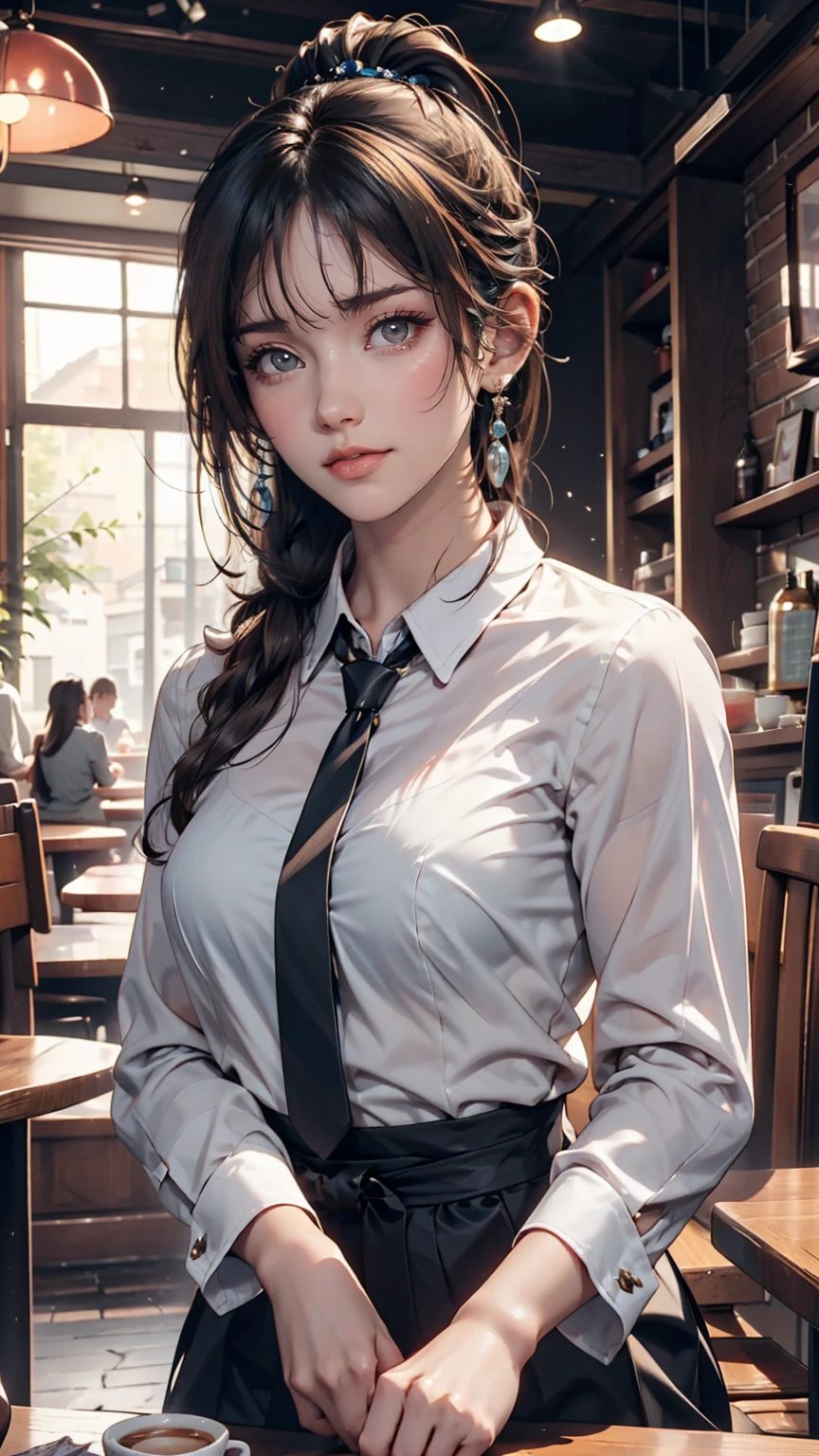 girl, Black Hair, sister, Tie your hair into a ponytail、Smile at the speaker, High-quality images, masterpiece, beautiful girl, Cafe,