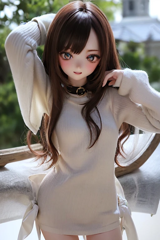 photorealistic, realistic photo, ((highest quality)), ((masterpiece)), extremely detailed, kukolnydom, doll, (woman, 20yo, 20 years old:1.6), solo, ((cowboy shot, dynamic pose)), (skinny, slender, slim, little smile, parted lips), green eyes, brown hair, (looking at viewer, medium hair, wavy hair, gradient eyes, shining eyes, detailed eyes:1.3), dress, castle, 8k
