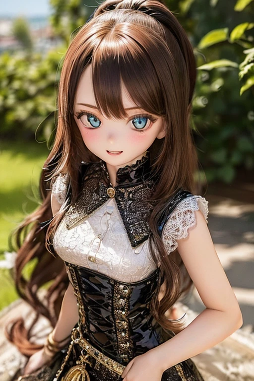 photorealistic, realistic photo, ((highest quality)), ((masterpiece)), extremely detailed, kukolnydom, doll, (woman, 20yo, 20 years old:1.6), solo, ((cowboy shot, dynamic pose)), (skinny, slender, slim, little smile, parted lips), green eyes, brown hair, (looking at viewer, medium hair, wavy hair, gradient eyes, shining eyes, detailed eyes:1.3), dress, castle, 8k