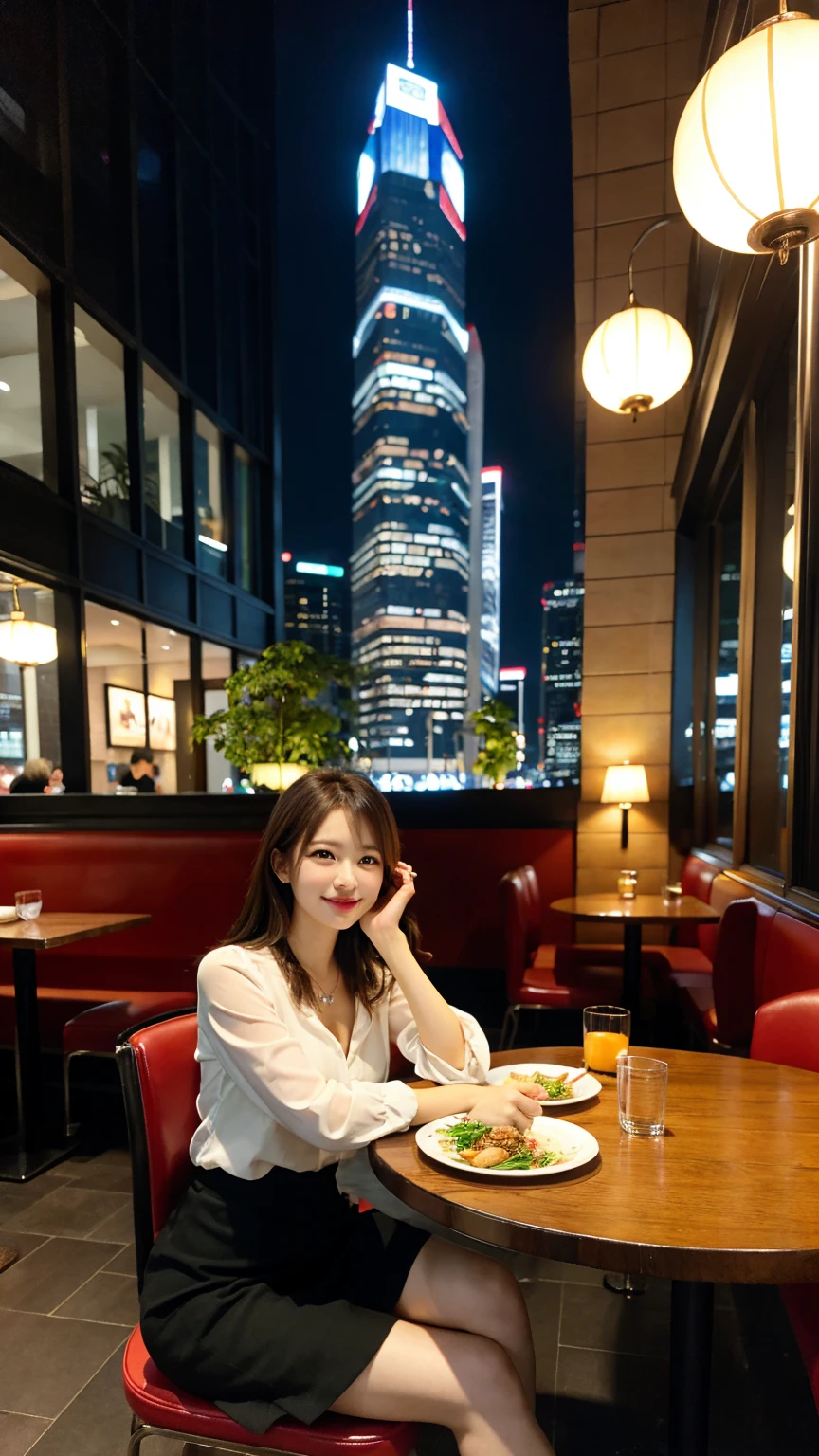 highest quality, masterpiece, 8K, ultra high resolution, (realistic: 1.4), beautiful face, symmetrical eyes, Japanese, brown hair, smile, wearing makeup, high-definition images, atmospheric perspective, super detail, accurate, best quality, (angle from under the table), a Japanese lady, drooping eyes, sleepy face, blush, in the city, busy, skyscrapers, skirt, high heels, necklace, white blouse , restaurant with large windows, takes a seat, (other customers), night scene, windows have harbor view, foods, 