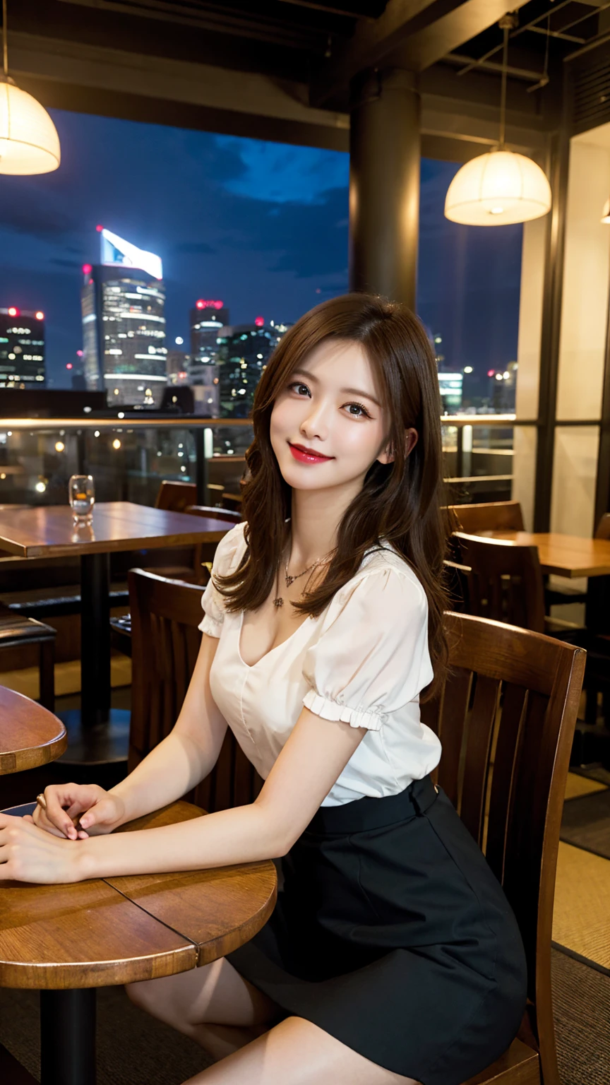 highest quality, masterpiece, 8K, ultra high resolution, (realistic: 1.4), beautiful face, symmetrical eyes, Japanese, brown hair, smile, wearing makeup, high-definition images, atmospheric perspective, super detail, accurate, best quality, (angle from under the table), a Japanese lady, drooping eyes, sleepy face, blush, in the city, busy, skyscrapers, skirt, high heels, necklace, white blouse , restaurant with large windows, takes a seat, (other customers), night scene, windows have harbor view, foods, 