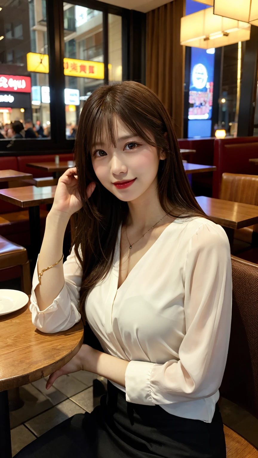 highest quality, masterpiece, 8K, ultra high resolution, (realistic: 1.4), beautiful face, symmetrical eyes, Japanese, brown hair, smile, wearing makeup, high-definition images, atmospheric perspective, super detail, accurate, best quality, (angle from under the table), a Japanese lady, drooping eyes, sleepy face, blush, in the city, busy, skyscrapers, skirt, high heels, necklace, white blouse , restaurant with large windows, takes a seat, (other customers), night scene, windows have harbor view, foods,