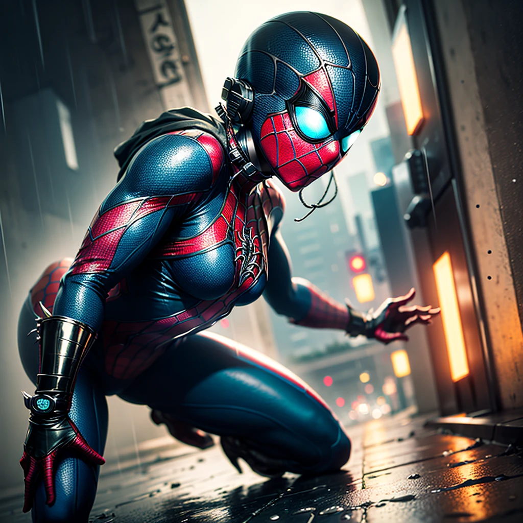 Make a cool spiderman scene, in rain, dark night, cyan and red light