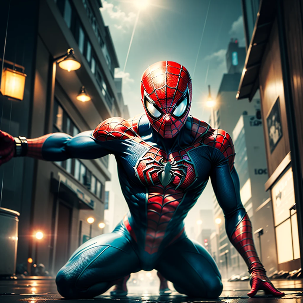 Make a cool spiderman scene, in rain, dark night, cyan and red light