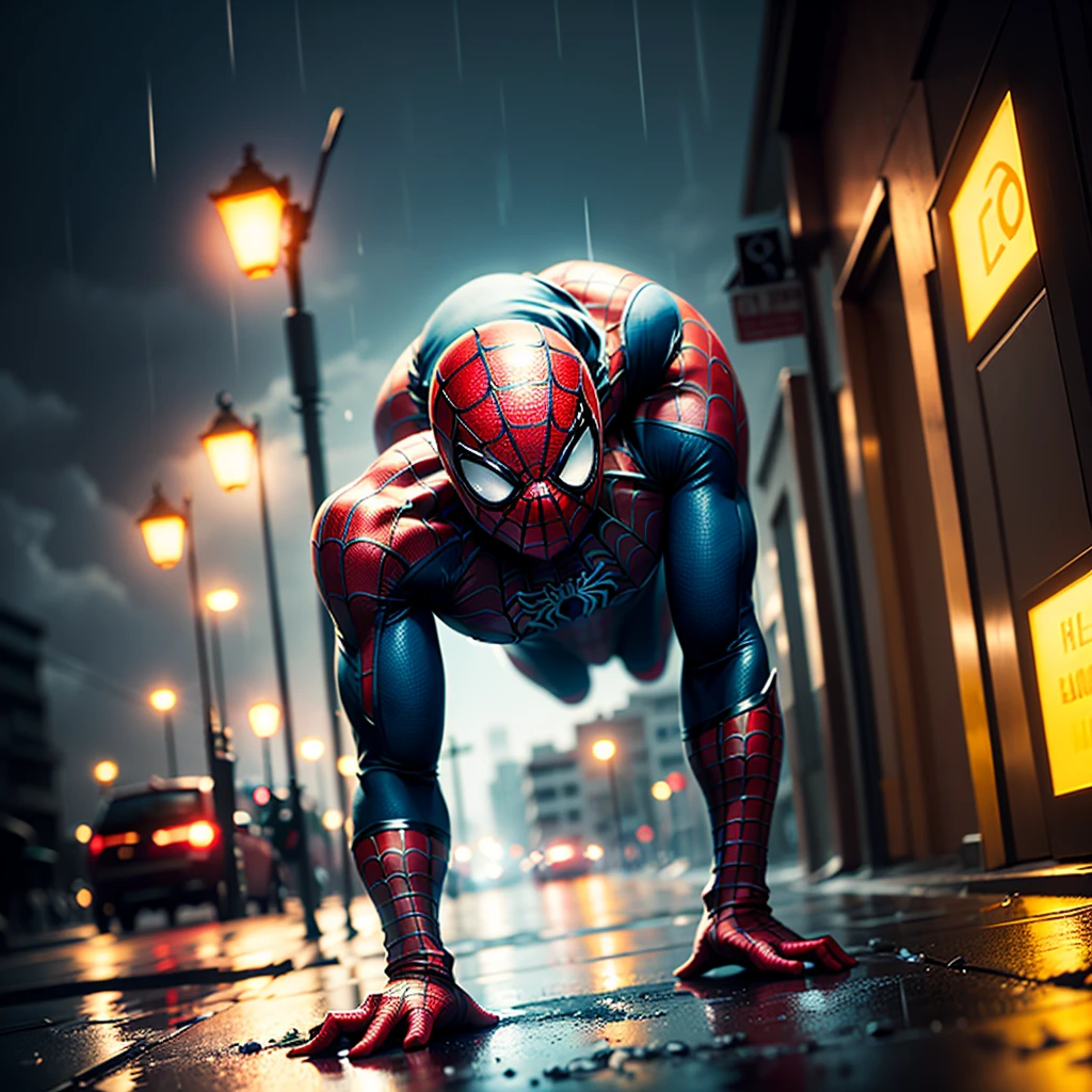 Make a cool spiderman scene, in rain, dark night, cyan and red light