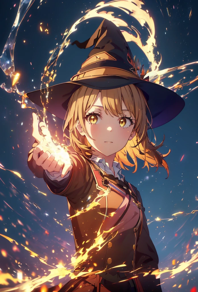 Irohaisshiki, isshiki iroha, short hair, Brown Hair, (Brown eyes:1.5), smile,((Night Sky)),火のwitch,Fluffy hair,((Idol style costume with soft volume)),Long skirt,((gorgeous wizard hat)),((witch)),Explosive Flame,
break outdoors, forest,forest
break looking at viewer,Upper Body,
break (masterpiece:1.2), Highest quality, High resolution, unity 8k wallpaper, (shape:0.8), (Narrow and beautiful eyes:1.6), Highly detailed face, Perfect lighting, Highly detailed CG, (Perfect hands, Perfect Anatomy),