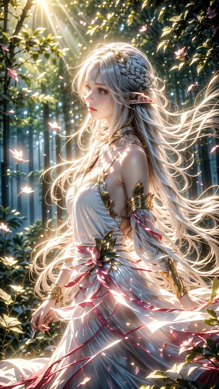 (masterpiece, best quality, high quality, highres, ultra-detailed), realistic,,1 sweet girl, the greater lord rukkhadevata, (side braid:1.1), long hair,((white hair)), leaf hair ornament, (pointy ears), elf, green eyes, pale skin, bare shoulders, (medium breasts), (cleavage:1.1), jewelry, white long dress, (detached sleeves:1.1), bracelet, (looking away:1.2), (hair floating:1.3), from side,,(in forest:1.3), (pink flowers:1.1), (falling petals:1.1), (lens flare from right:1.2), (god rays from right:1.2),,