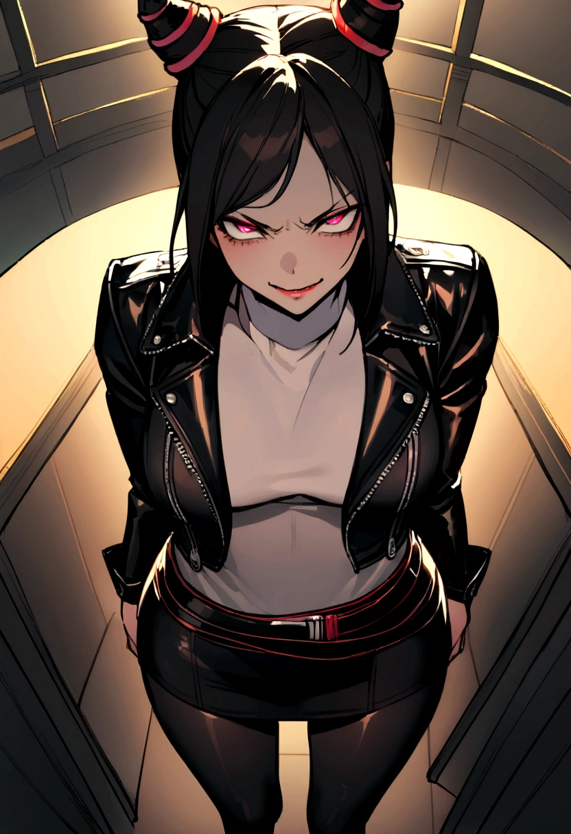 juri han,beautiful young warrior , with a very detailed and beautiful face, beautifuleyes, beautifuleyes, gorgeous face, beautiful young woman wearing long black leggings with black details, short mini skirt, usando leather jacket preta, Standing in an office, wearing black boots, horn hair, with black fringe, , evil smile ,white sweater with strap around, serious look,usando leather jacket preto, leather jacket,staring overhead,yellow lighting, evil smile,hands on back

