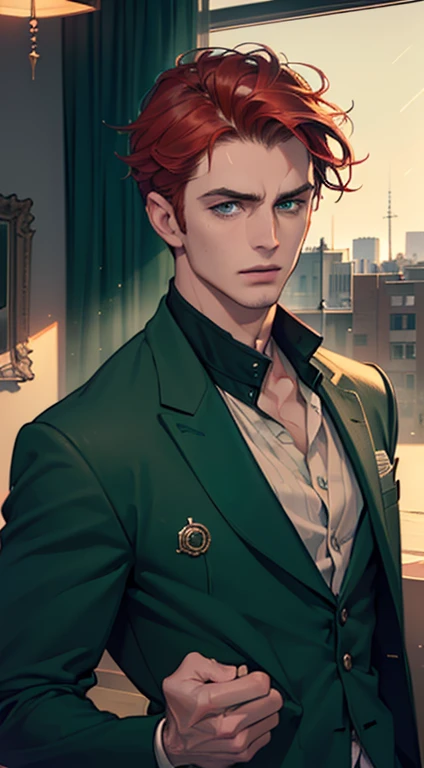 (best quality, masterpiece, 8K, photorealistic, cinematic lighting, 1:4 hdr image, ultra detailed, beautiful image), a mature man, 34 years very handsome, ((cold expression)), short red hair, green eyes, face perfect without mistakes, ((buttoning his jacket, CEO))