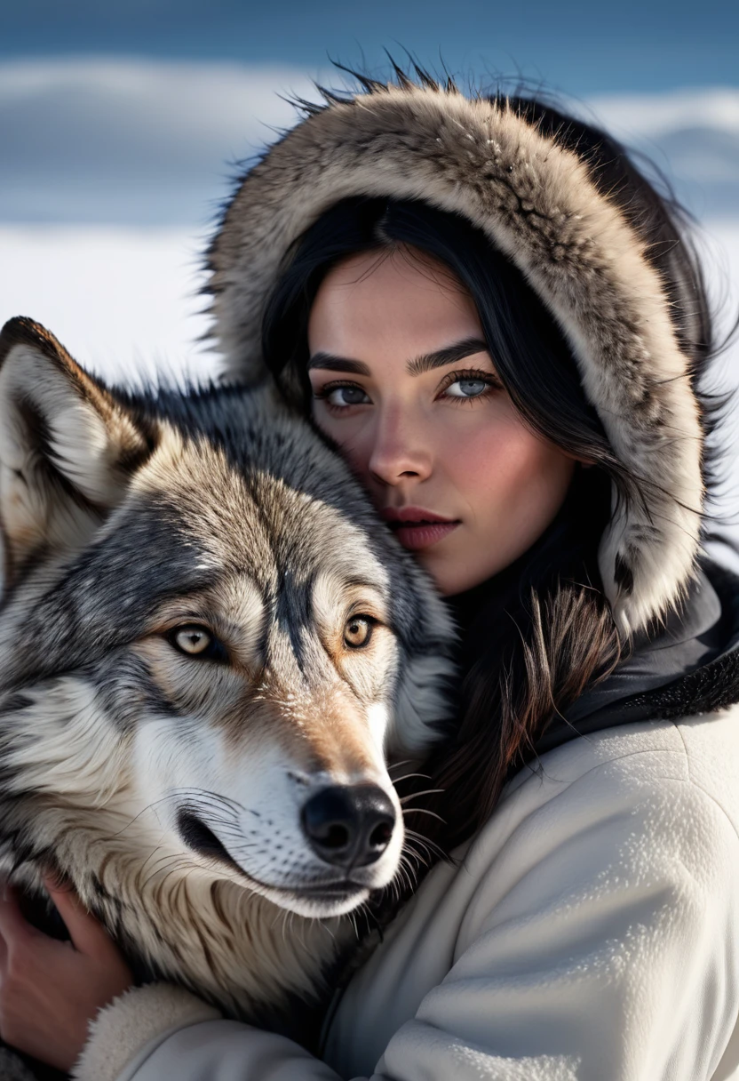 a white woman with black hair, hugging herself to keep warm, a wolf passes behind her and looks, the sky is grey, the scene takes place in the south pole, in the chilean patagonia, (best quality,4k,8k,highres,masterpiece:1.2),ultra-detailed,(realistic,photorealistic,photo-realistic:1.37),detailed portrait, beautiful detailed eyes, beautiful detailed lips, extremely detailed face, long eyelashes, winter landscape, dramatic lighting, moody atmosphere, cinematic composition, muted color palette, snow covered ground, fur coat, wolf, patagonia, south pole