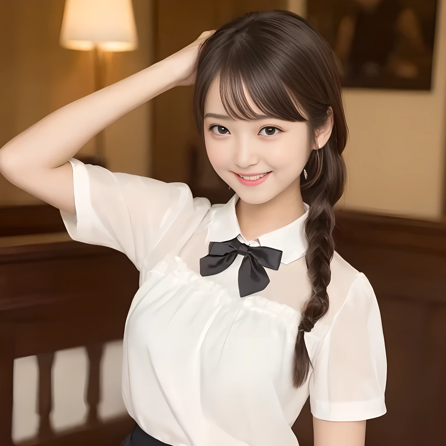(highest quality, masterpiece:1.2), highest quality, High resolution, 1080P, 8K, Height: 158cm, ((A very intelligent, very noble, pretty and neat Japanese beautiful girl fashion model. . Looking at the audience. Realistic fashion model)), ((((White face with plump cheeks)))), Glossy lips, (Evenly cut bangs), ((Very beautiful dark eyes)), The very large, shiny, wide red ribbon bow-tie on her chest is very cute., ((Black Hair)), ((long twin braids)), (((Cream colored blouse))), A neat uniform, Very lustrous, glossy lips, Open hand over open mouth, Beautiful hair like a hair model, Cream colored long skirt, Watching the viewer and laughing, ((Incredibly well organized, The expression is rich. plump and beautiful skin and face)), ((Pure and clear eyes)), Long eyelashes, ((laughing at me!)), A ruffled blouse will highlight the shadows., Glossy Lips, Advertisement of Japanese girl's neat school fashion