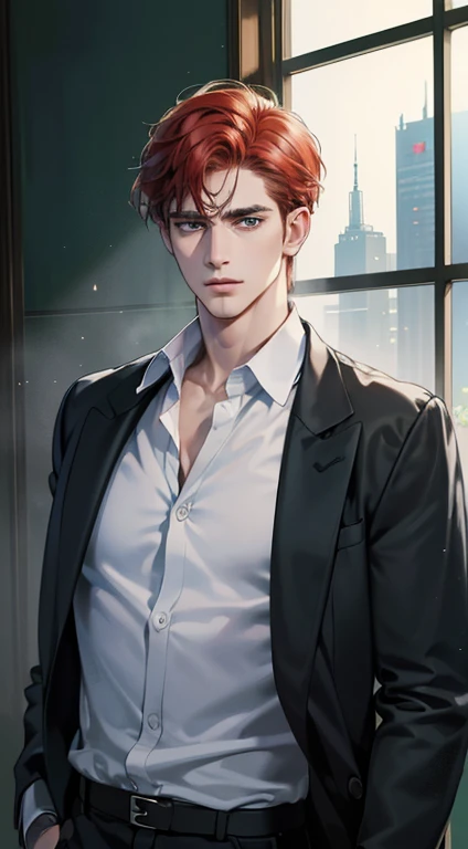 (best quality, masterpiece, 8K, photorealistic, cinematic lighting, 1:4 hdr image, ultra detailed, beautiful image), a mature man, 34 years very handsome, ((cold expression)), short red hair, green eyes, face perfect without mistakes, ((buttoning his jacket, CEO))
