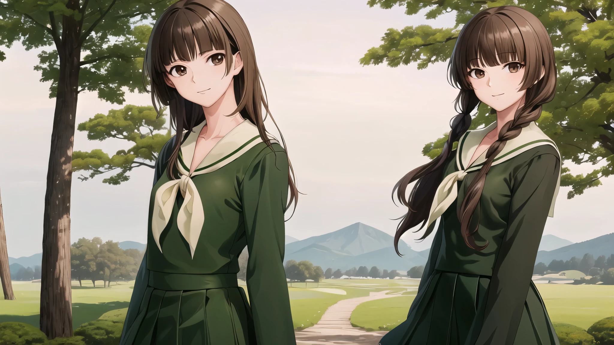 masterpiece, Highest quality, High resolution, aayoshino, , Long Hair, Twin Blade, Brown eyes, Hair that falls over the shoulders, , Sailor collar, neckerchief, Green Shirt, One piece sailor shirt, Long sleeve, Green Skirt, Long skirt, Are standing, Cowboy Shot, Outdoor, Person on the right, radiant face