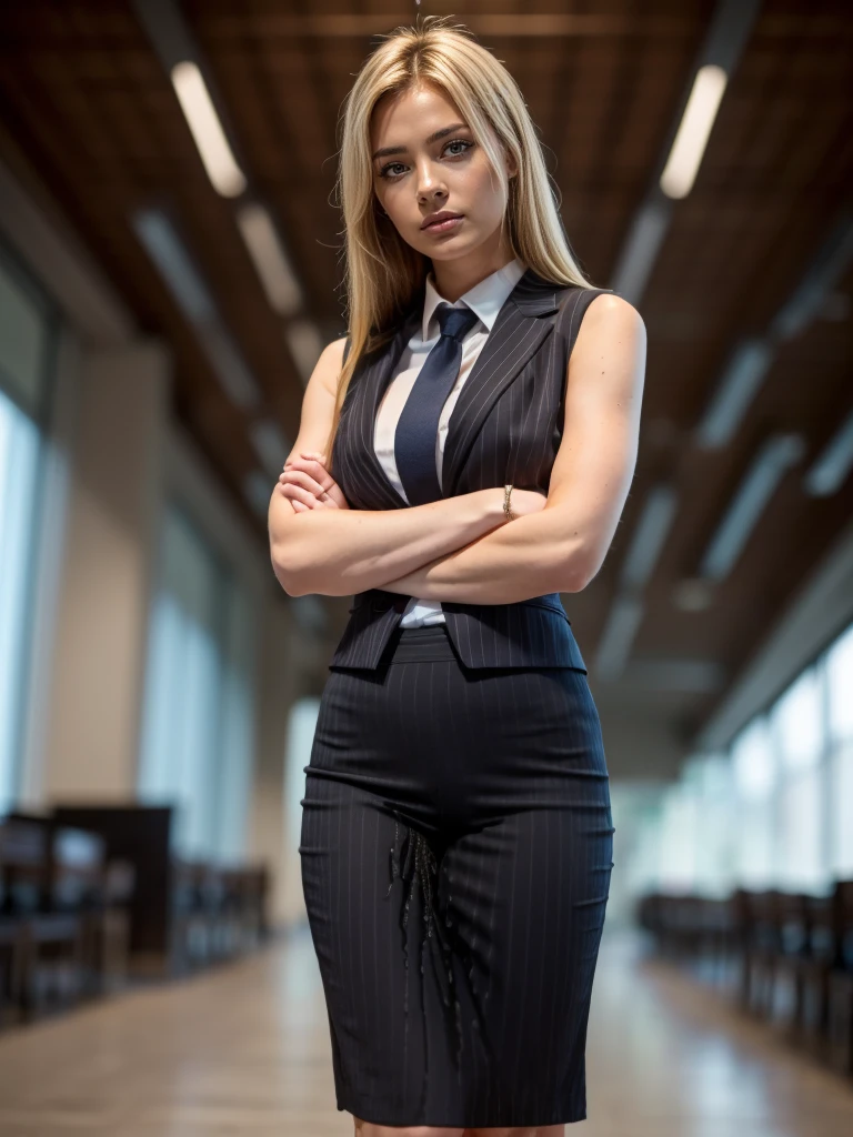 (masutepiece,High quality,16k:1.1),(depth of fields:1.3) ,((front body:1.35)), Ukrainian ,Woman, blonde,makeup,((business suit, black vertical striped pencil skirt )), voluptuous, thicc,(arms crossed:1.5) (wetting herself:1.5), (desperation:1.75),standing ,necktie peeing self, wetting her clothes