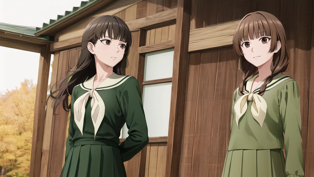 masterpiece, Highest quality, High resolution, aayoshino, , Long Hair, Twin Blade, Brown eyes, Hair that falls over the shoulders, , Sailor collar, neckerchief, Green Shirt, One piece sailor shirt, Long sleeve, Green Skirt, Long skirt, Are standing, Cowboy Shot, Outdoor, Person on the right, radiant face