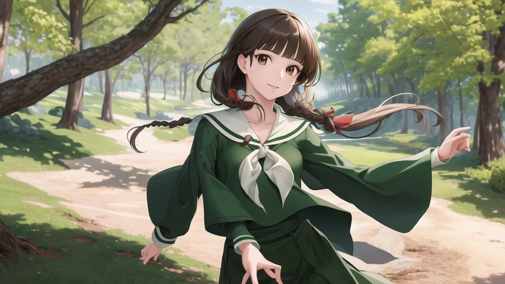 masterpiece, Highest quality, High resolution, aayoshino, , Long Hair, Twin Blade, Brown eyes, Hair that falls over the shoulders, , Sailor collar, neckerchief, Green Shirt, One piece sailor shirt, Long sleeve, Green Skirt, Long skirt, Are standing, Cowboy Shot, Outdoor, Person on the right, radiant face