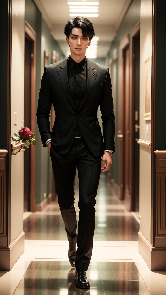 Forest, man with black short hair and green eyes holds a Rose while he is walking, glitter