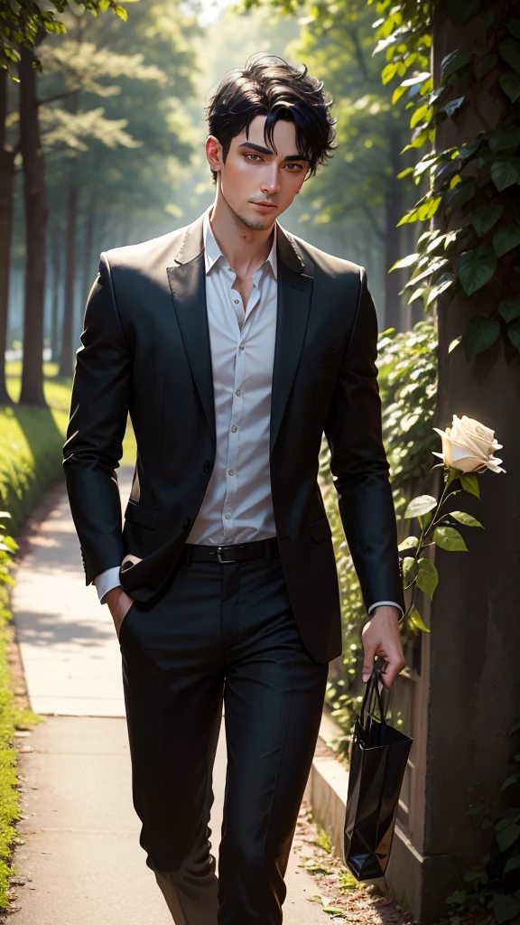 Forest, man with black short hair and green eyes holds a Rose while he is walking, glitter