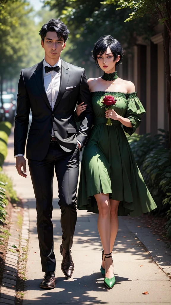 Forest, man with black short hair and green eyes holds a Rose while he is walking, glitter