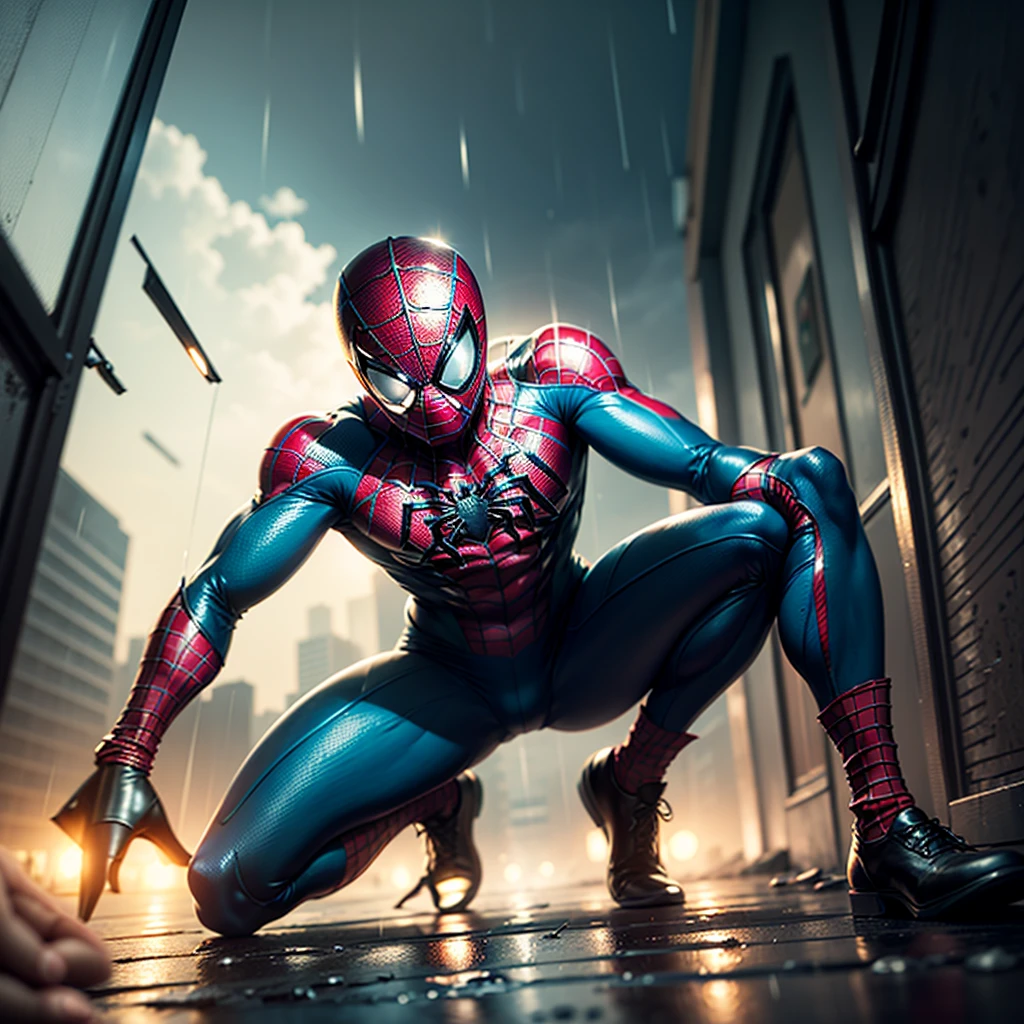 Make a cool spiderman scene, in rain, dark night, cyan and red light