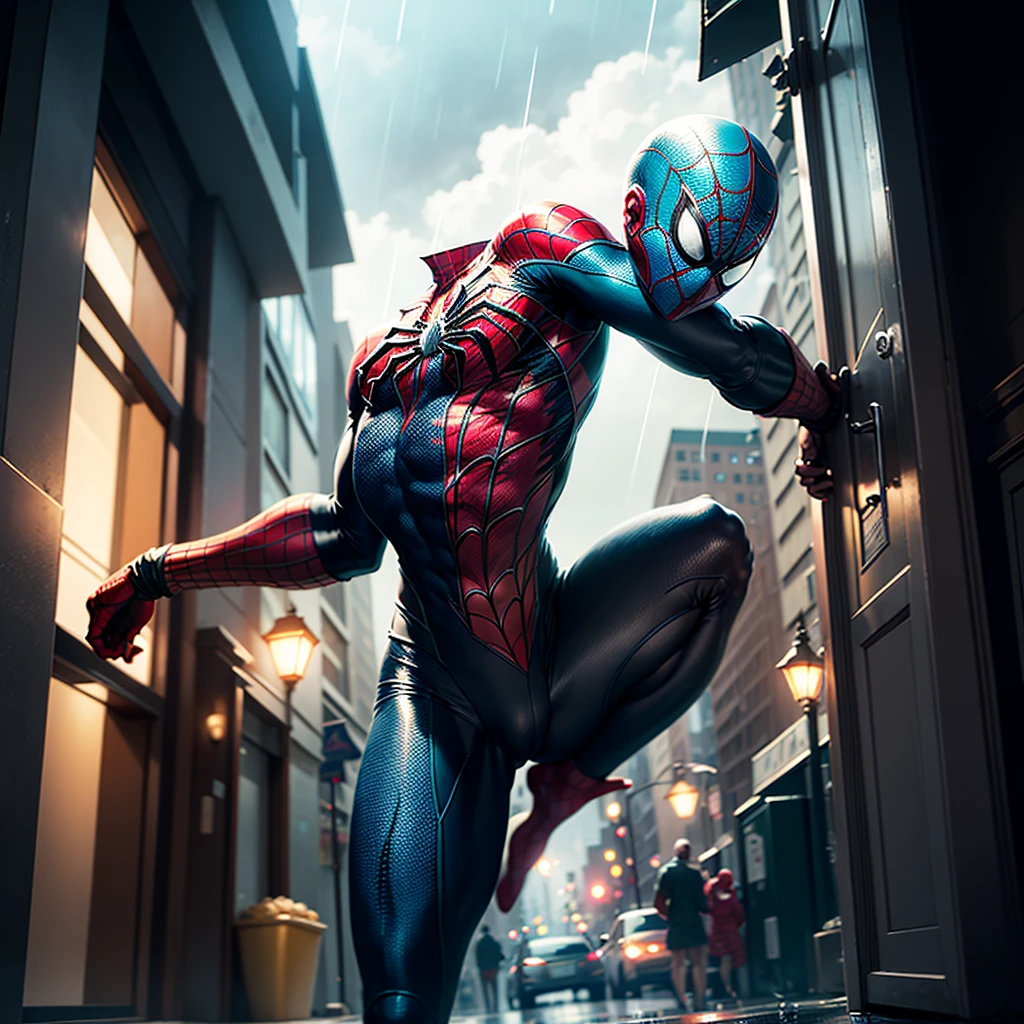 Make a cool spiderman scene, in rain, dark night, cyan and red light