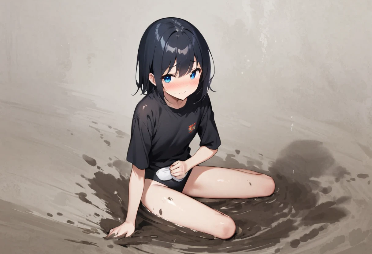 tideland、Black T-shirt、Black Swimsuit、Short black hair、Thighs、Girl、Girl、Short、Younger、Lower school year、Baby Face、Both eyes open、flat chest、Embarrassed、Dynamic Angle、Beach、My feet are covered in mud、There&#39;s a little bit of mud on my face、sunlight、masterpiece、best quality、ultra-detail、Seaside、Sandy Beach、Sweat
