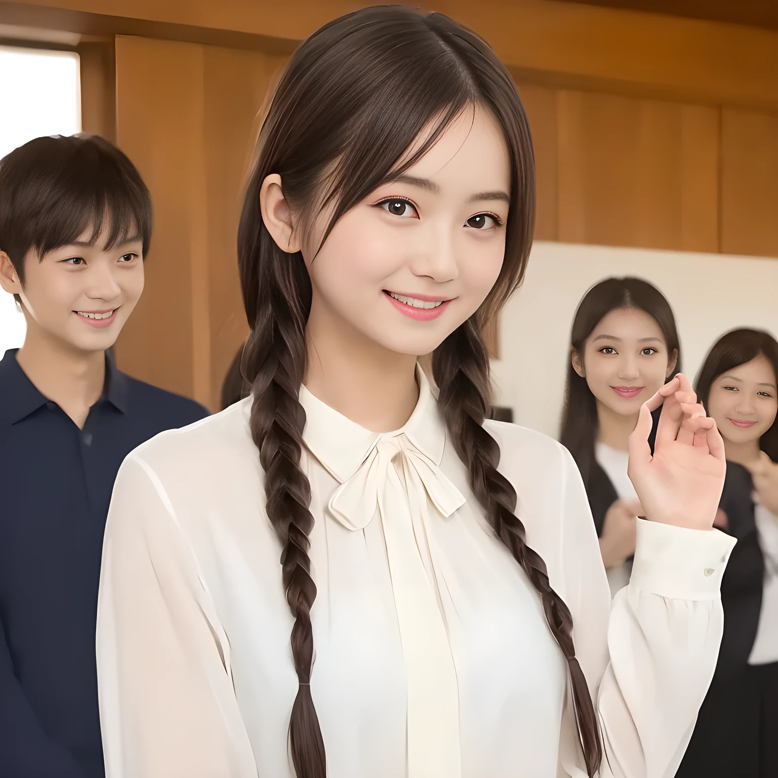 (highest quality, masterpiece:1.2), highest quality, High resolution, 1080P, 8K, Height: 158cm, ((A very intelligent, very noble, pretty and neat Japanese beautiful girl fashion model. 16 years old. Looking at the audience. Realistic fashion model)), ((((White face with plump cheeks)))), Glossy lips, (Evenly cut bangs), ((Very beautiful dark eyes)), The very large, shiny, wide red ribbon bow-tie on her chest is very cute., ((Black Hair)), ((long twin braids)), (((Cream colored blouse))), A neat uniform, Very lustrous, glossy lips, Open hand over open mouth, Beautiful hair like a hair model, Cream colored long skirt, Watching the viewer and laughing, ((Incredibly well organized, The expression is rich. plump and beautiful skin and face)), ((Pure and clear eyes)), Long eyelashes, ((laughing at me!)), A ruffled blouse will highlight the shadows., Glossy Lips, Advertisement of Japanese girl's neat school fashion