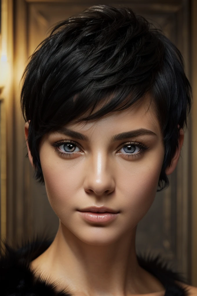 (Masterpiece:1.3), (8k, photorealistic, photo and gross, Best Quality: 1.4), (1 girl), beautiful face, (realistic face), (black fur, short hair:1.3), beautiful hairstyle, realistic eyes, Beautiful detailed eyes, (realistic skin), Beautiful skin, (sweater), absurdities, attractive, ultra high resolution, ultra realistic, Very detailed, golden ratio