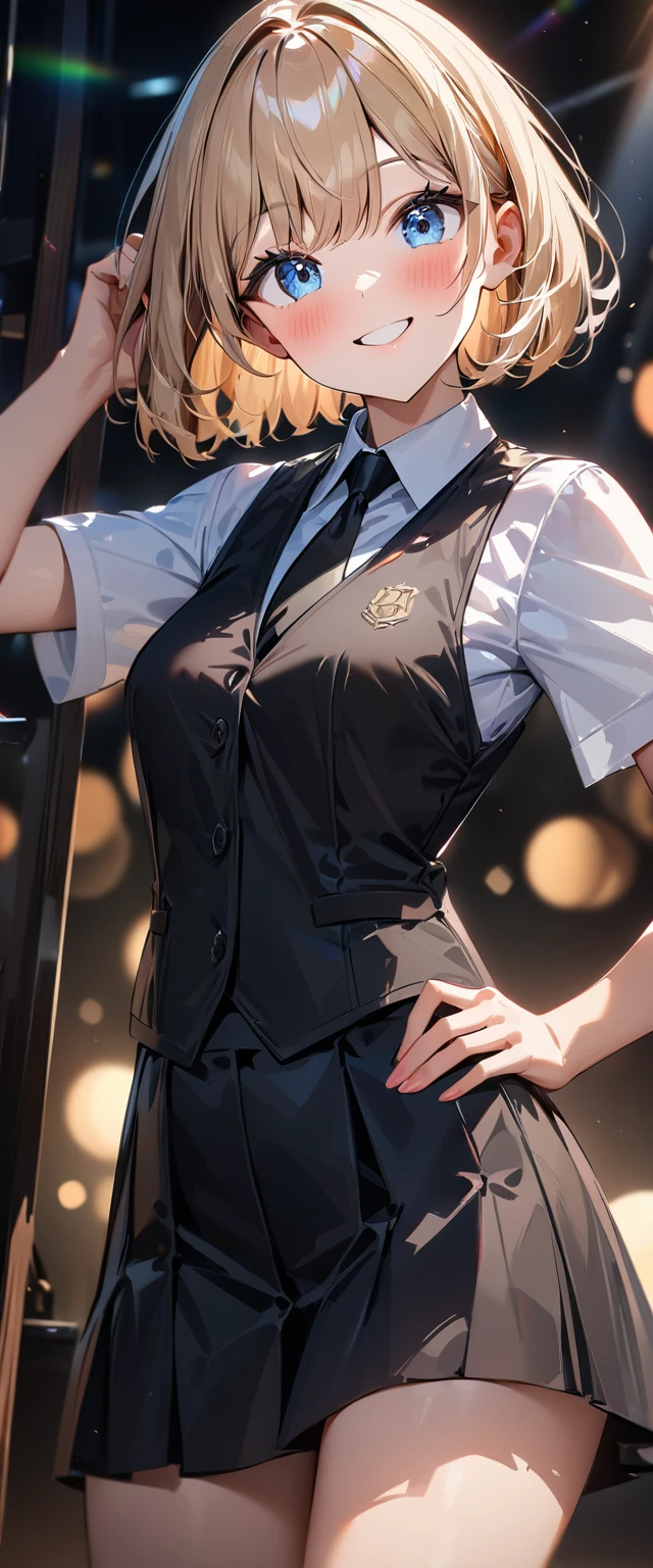 (((One girl))), blond hair, bob cut, (cowboy shot), (looking at viewer), face in focus, breasts, teenager, head tilt:1.3, (((blue eye))), ((happy smile)), ((blush)), contrapposto, one hand on hip, school summer uniform, white shirts, ((black tie under the waistcoat)), black skirt, black waistcoat, anime style, (best quality, 4k, 8k, highres, masterpiece:1.2, ultra-detailed, ultra-detailed eyes, HDR, UHD, studio lighting, ultra-fine painting, sharp focus, physically-based rendering, extreme detail description, professional, vivid colors, bokeh)