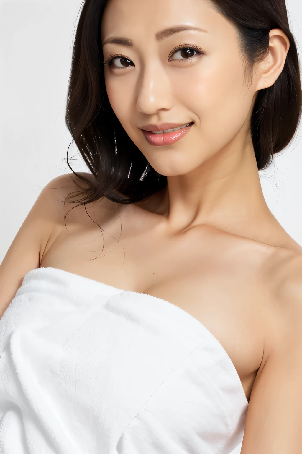 (Highest quality、Tabletop、8K、Best image quality、Award-winning works)、One beautiful woman、(Naked with a bath towel wrapped around her:1.3)、(The simplest pure white background:1.2)、(Damp Hair:1.2)、(Sweaty, Moist Skin:1.2)、Brightly lit face、Hot Face、(Staring at me with a blank look:1.1)、(White skin:1.2)、Hair Bun、Very bright、Super high resolution beautiful face、Ultra HD Hair、Ultra High Definition Moist, Shiny skin、Super high quality glossy lip、(Accurate anatomy:1.1)、(Big Breasts:1.3)、Slender body、(Accentuate your body lines:1.1)、(Accurate anatomy:1.2)、(Perfect beautiful bath towels:1.3)、look at me、Standing Elegantly、(Face close-up:1.7)