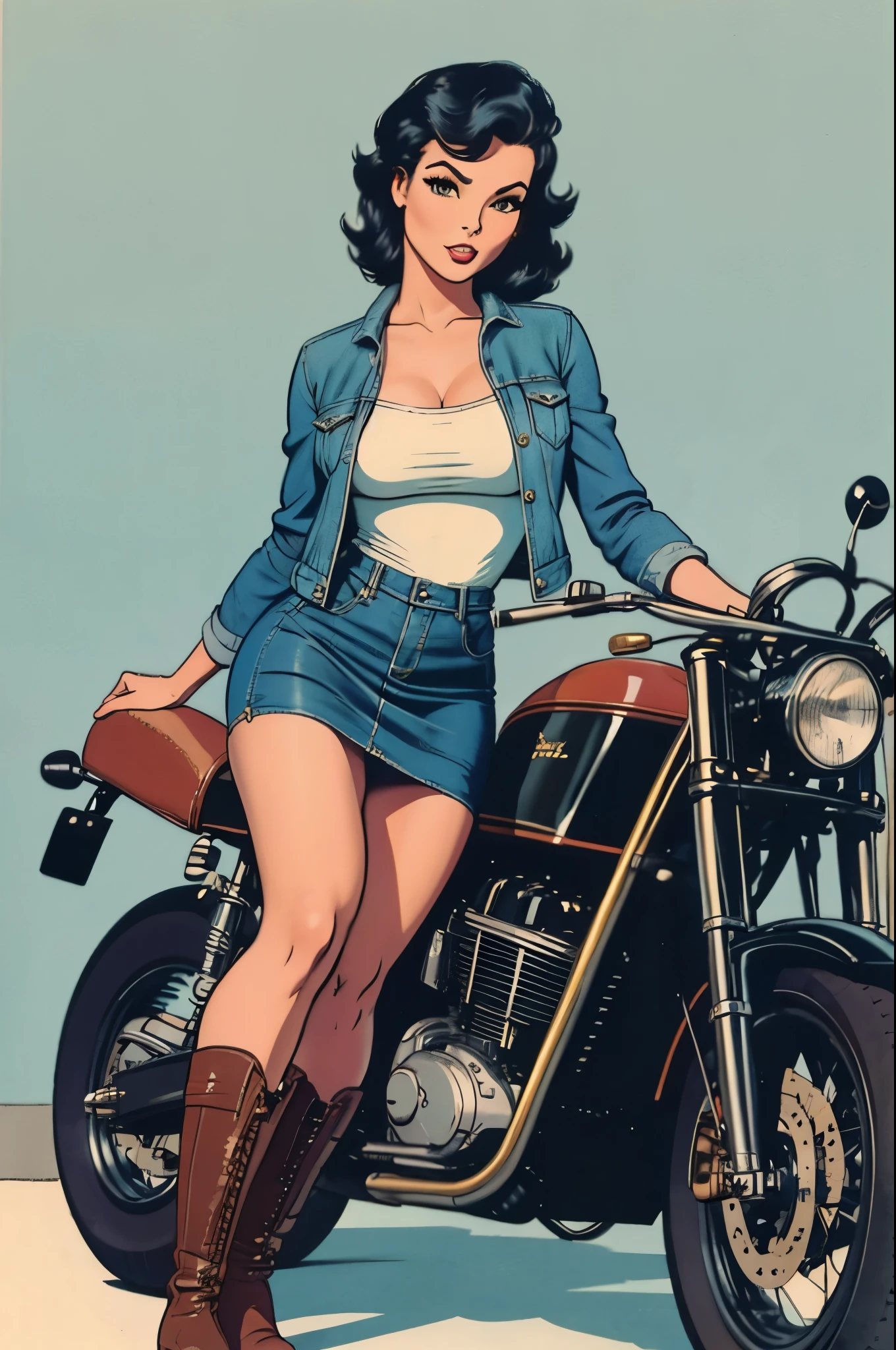 gorgeous woman, vintage pin up, leather jacket, blue-black hair, denim skirt, short skirt, boots