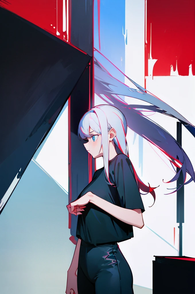 A man with short, black hair, tall, arrogant. blue eyes, black t-shirt and black pants. A girl, red t-shirt, long hair, white hair, blue eyes. they are kissing.