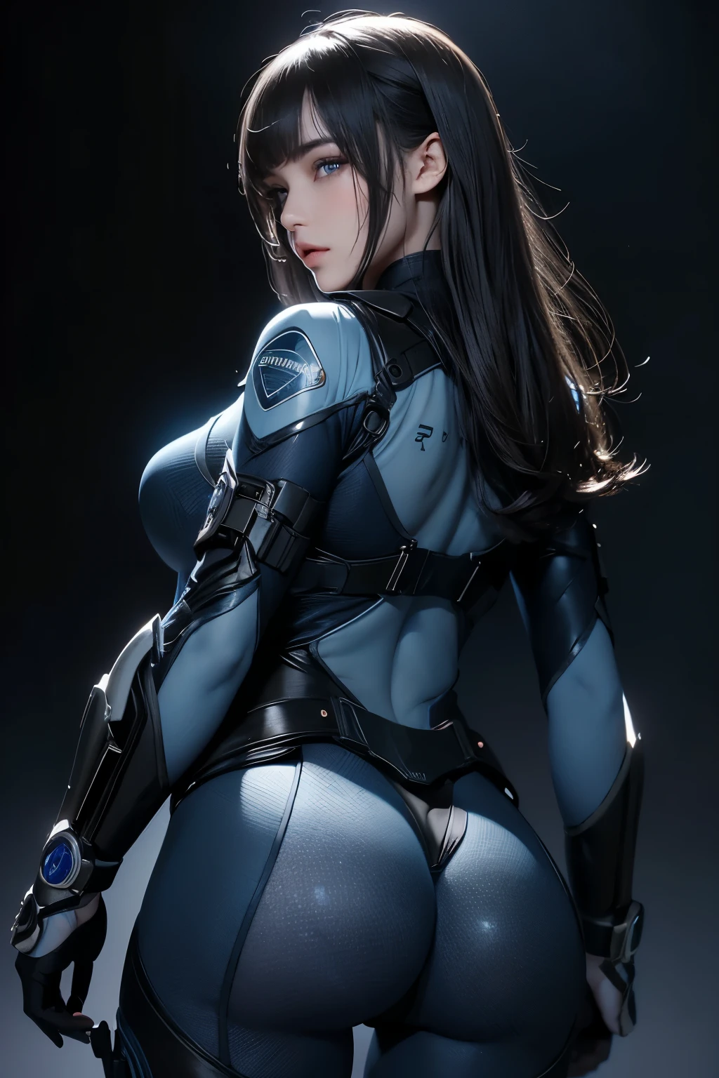 masterpiece, Highest quality, Very detailed, To the camera, 複雑に詳細なVery detailed, Realistic, Sharp features, Very detailed, Sharp focus, Perfect Face, Perfect Face, Perfect symmetry and perfect eyes, Perfect Plump Lips, Flexible female form, Cinematic, Film Light, Very detailed, hyper Realistic, masterpiece, Atmospheric, High resolution, Vibrant, Dynamic Studio Lighting, ((Dark Background)), The expression when enduring pleasure, Straight bangs, blue eyes,、Back view、Butt、Sexually aroused expressions、Fallout Vault Suit,