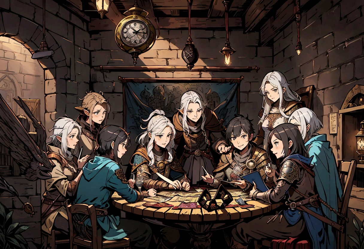 a group of people sitting around a table with a clock above them, high quality dnd illustration, roleplaying game art, lawther sit at table playing dnd, fantasy card game art, card game illustration, dungeons and dragons fantasy art, tavern background, d & d fantasy art, hyperrealistic d & d fantasy art, epic fantasty card game art, dnd card art