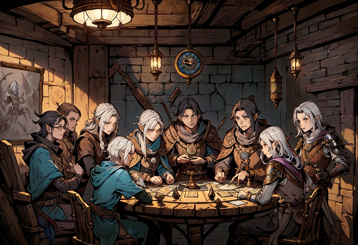 a group of people sitting around a table with a clock above them, high quality dnd illustration, roleplaying game art, lawther sit at table playing dnd, fantasy card game art, card game illustration, dungeons and dragons fantasy art, tavern background, d & d fantasy art, hyperrealistic d & d fantasy art, epic fantasty card game art, dnd card art