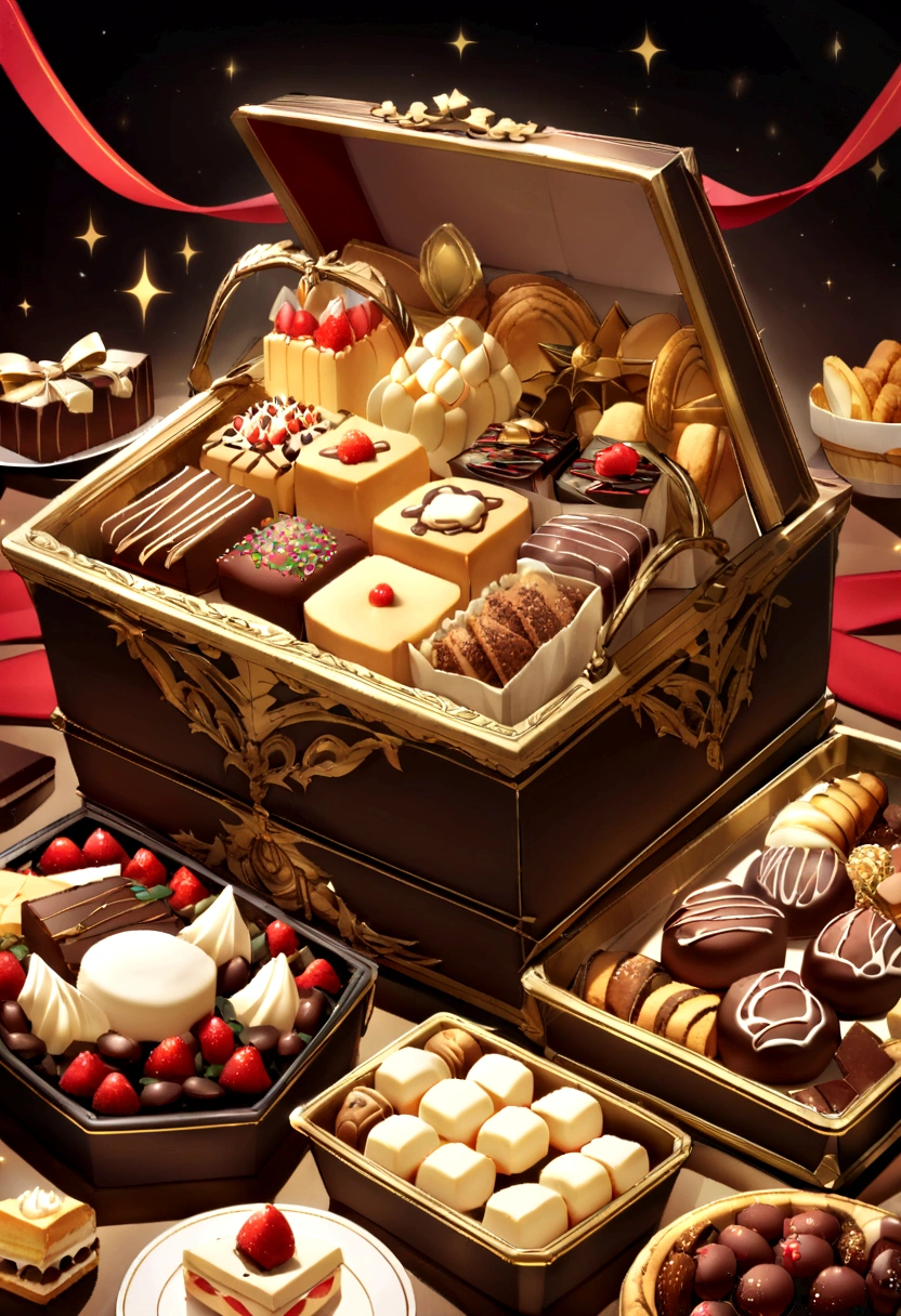 Royal Magic Snack Basket This snack basket is carefully crafted by the former royal craftsmen of the Kingdom of Beast Ears.,Square snack box,Divided into nine compartments,The large snack box has a gorgeous and noble appearance。The basket contains various royal magic snacks,Royal Cake、Royal Chocolate、Royal Cookies,Royal Sandwich Dessert,Decorated with red ribbon and black cardboard,Decorated with gold thread