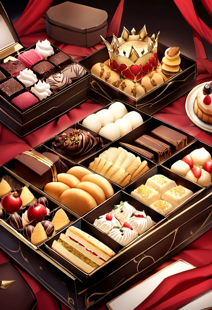 Royal Magic Snack Basket This snack basket is carefully crafted by the former royal craftsmen of the Kingdom of Beast Ears.,Square snack box,Divided into nine compartments,The large snack box has a gorgeous and noble appearance。The basket contains various royal magic snacks,Royal Cake、Royal Chocolate、Royal Cookies,Royal Sandwich Dessert,Decorated with red ribbon and black cardboard,Decorated with gold thread