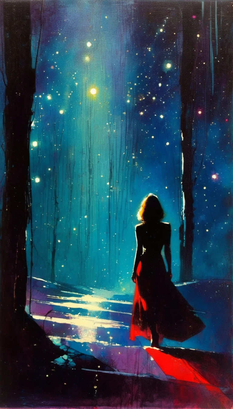 alone, sexy, night, stars, loneliness (art inspired by Bill Sienkiewicz ). oil painting)