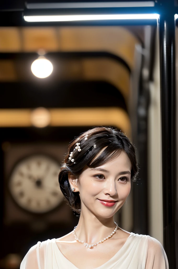 (((Ultimate Photorealistic, ultimate high-quality 32k photo))),(((From the front、An American-shot photo, looking at viewer))),(((( Seductive pose, 7 heads、Staring Intently :1.8)))),(((A pure white business blouse with a wide V-neck and extremely thin fabric., Soaking wet、She is looking straight at the camera with a very shy look on her face.。light makeup、Elegantly styled, glossy black short hair。A very simple and very modest pearl necklace 1.4)))。((Highest quality)), ((masterpiece)), (((detailed))), (midnight ,A modern train station platform in Tokyo on a dark, pouring, stormy night, Low Key Lighting:1.6)、(((A very beautiful, extremely elegant and intelligent 39-year-old Japanese woman。Very intelligent, with a goddess-like face and figure。An extremely elegant, calm and modest smile, Being drunk、My eyes are quite watery、I'm very horny、embarrassed ,blush, Curvy Body、Extremely realistic, detailed and beautiful depiction of the face and waist:1.9)))、(((The skin is white and very smooth。A very hot rainy summer night、I'm pretty sweaty、My clothes were soaked and pretty see-through.、When wet, it sticks tightly to the skin, revealing the beautiful lines of the body.、Through the extremely thin fabric, her skin and her navy blue, lacy, high-end underwear are clearly visible.:1.9)))。(((A simple and elegant business pencil skirt in a plain navy blue knee-length,The clothes fit the body very well:1.8))), ((Healthy Body、The line of the chest, collarbone and décolletage are extremely beautiful.:1.9))。(((large&good hips、large&nice chests )))